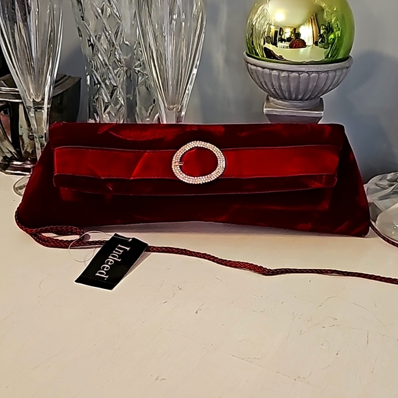 Indeed Dark Wine Velvet Clutch w/Long String Strap, Inner Mirror, Snap Closure - Picture 1 of 12